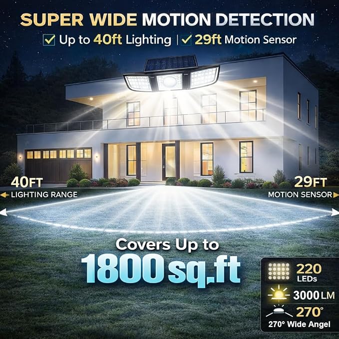 Solar Motion Sensor Lights Outdoor, 3000LM 3 Adjustable Heads Security Flood Light with Remote Control, IP65 Waterproof 270° Wide Angle Solar Wall Lights for Garage Yard Patio Driveway, 4 Pack