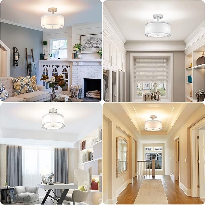 FOLKSMATE 3-Light Semi Flush Mount Ceiling Light Fixture, Drum Light with Double Fabric Shade, Modern Close to Ceiling Lamps for Dining Room Kitchen