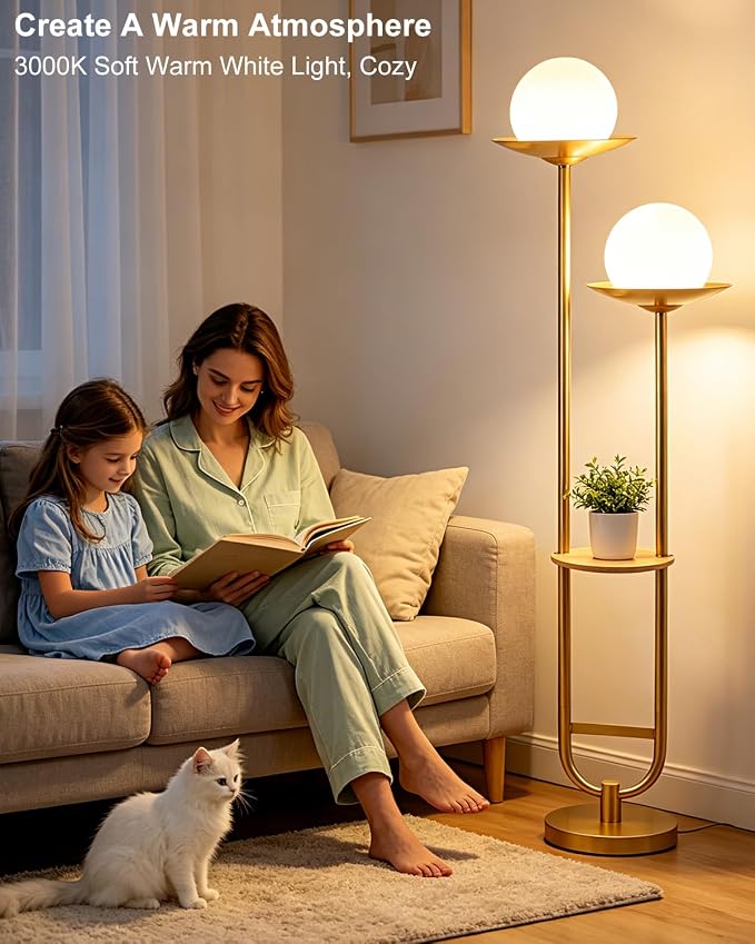 Lightdot 63IN 2 Globe Gold Floor Lamp Mid Century Standing Lamps Dimmable with 3000K Warm White LED Bulbs Unique Vintage Tall Floor Lamp with 5Lbs Heavy Base for Living Room/Wedding/Party