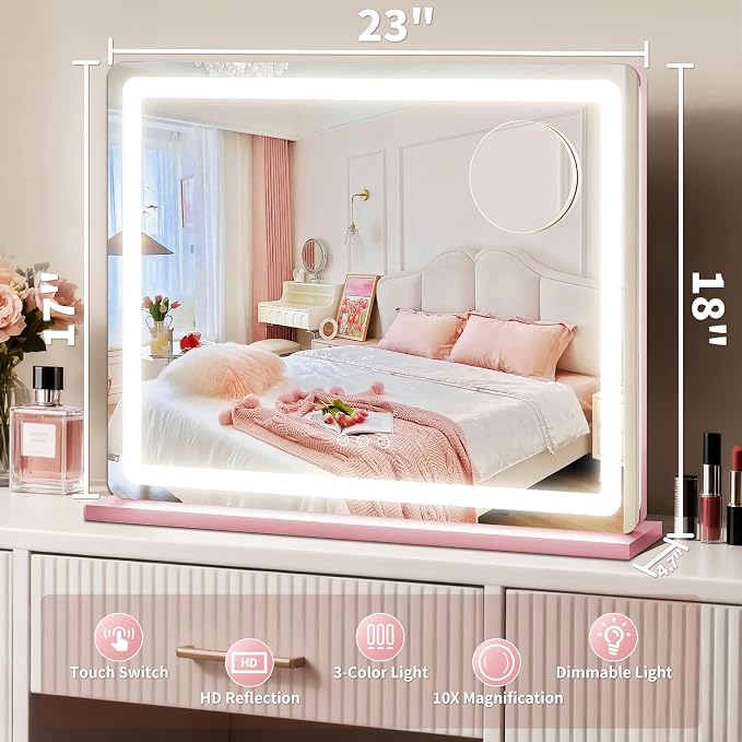 ROLOVE Pink Makeup Mirror with Lights, 23x18 Inch - 3 Color Modes, Dimmable LED Light up Mirror with 10X Magnification - Pink Vanity Mirror Wall&Tabletop Mount for Teen Girls
