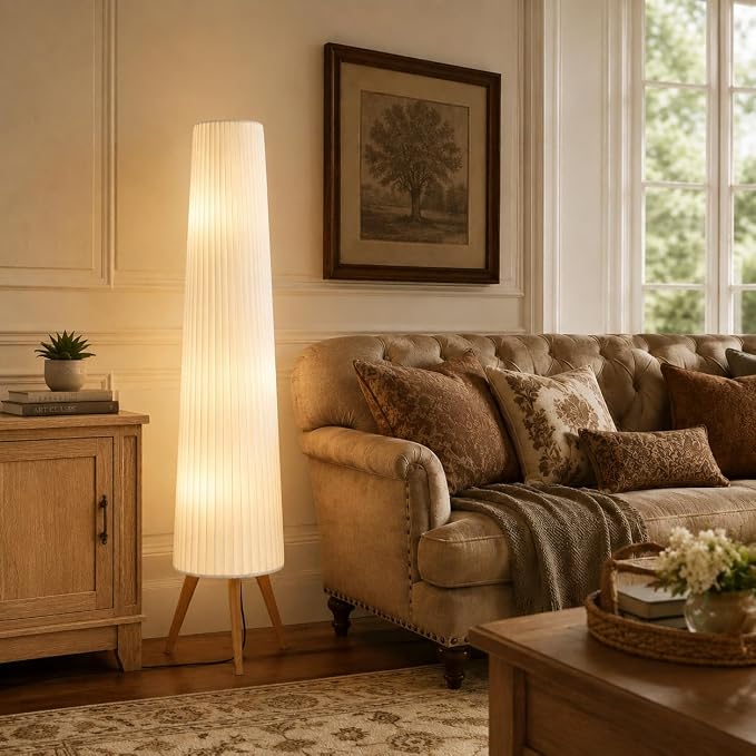 60 Inch Wood Floor Lamp, White Cloth Shade, Color Temperature Adjustable Softlighting Corner Lamp, 3 Bulbs Standing Lamp, Creative Ambient Light for Living Room Bedroom&Office-Bulbs Included