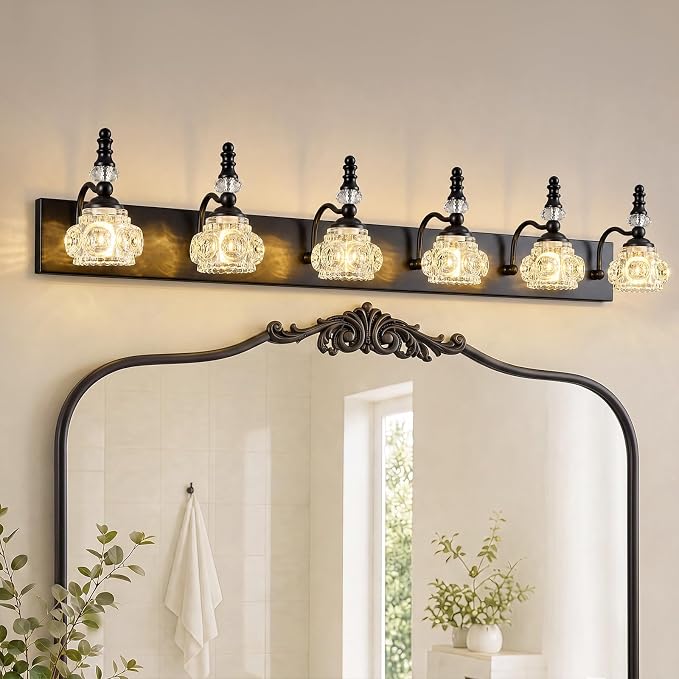 Modern Crystal Bathroom Vanity Light Black Vintage Bathroom Light Fixtures 6-Lights Glass Crystal Vanity Lights