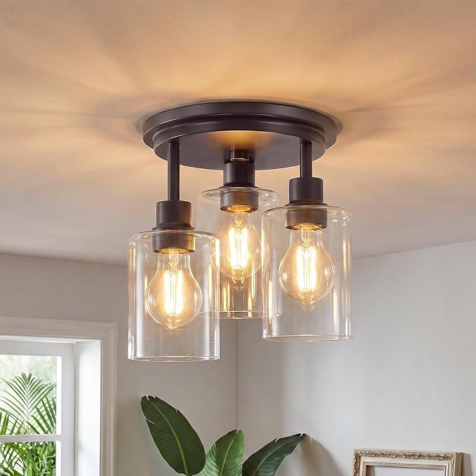 Semi Flush Mount Ceiling Light, 3-Light Close to Ceiling Light Fixtures, Vintage Oil-Rubbed Bronze Finish Kitchen Light Fixture with Clear Seeded Glass Shade Patriot Lighting for Entryway, 8.8"X11"
