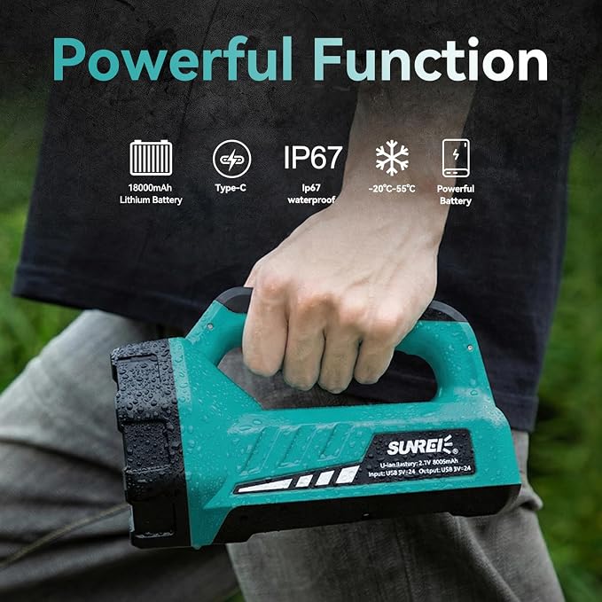 SUNREI 2000LM Rechargeable LED Flashlight, 18000mAh Camping Lantern | IP67 Waterproof Portable Light with 8 Modes, Ideal Emergency Gear for Home Power Outages, Hurricanes, Camping & Hiking