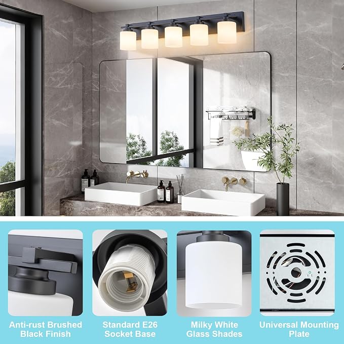 Modern Bathroom Light Fixtures Over Mirror, Vanity Lights for Bathroom Wall Sconces with Milky White Glass Shades, E26 Socket (Bulbs Not Included), 5 Light, Black