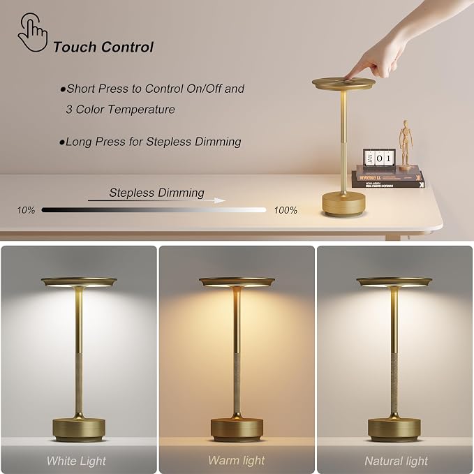 TBBGA 2 Pack Rechargeable Cordless Table Lamp, 5000mAh Battery Table Light | 3 Color Stepless Dimming Portable LED Table Light with Memory Function, for Outdoor/Dinner/Patio/Restaurant.(Gold)