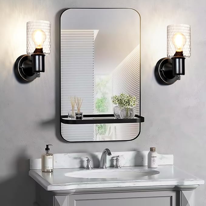 Wall Sconces Set of 2 - Matte Black Vanity Lights for Bathroom Modern Wall Light Fixtures with Rotary Switch - Wall Mount Light with Hammered Glass,Farmhouse Wall Lamp for Bedroom Mirror Living Room