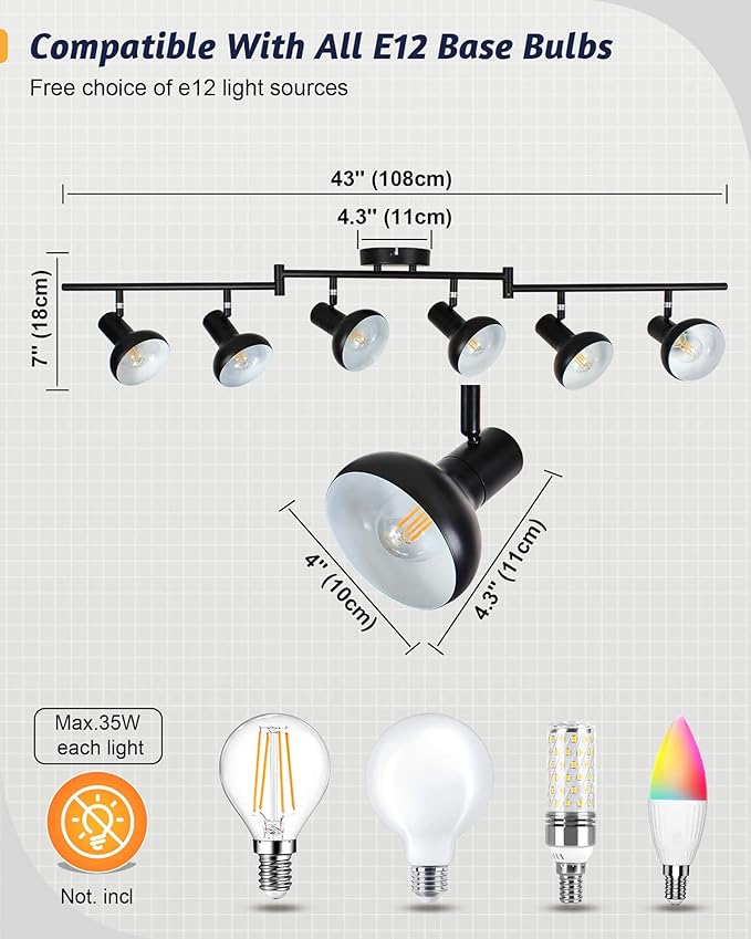 HiBay 6-Light Track Lighting, Directional Rotatable Ceiling Light Fixture, Black Farmhouse Spotlight for Kitchen Living Room Office, E12 Base (Bulbs Not Included)
