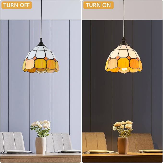 Tiffany Hanging Pendant Light - Dimmable Mini Plug in Light Fixture, Perfect Vintage Swag Ceiling Lamp for Dining Room, Bedroom or Porch,16.4 Ft Hanging Cord, 7.9" Width