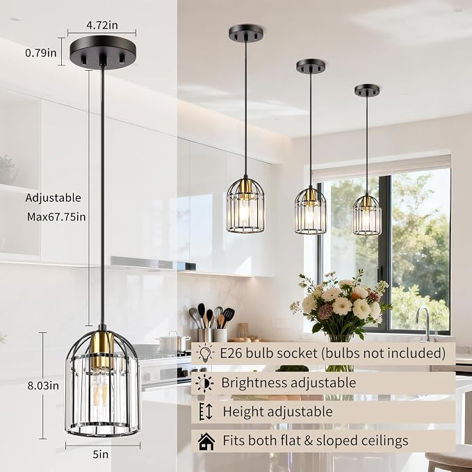 TALOYA Pendant Lights Kitchen Island Black, Crystal Pendant Light Modern for Dining Room, Height Adjustable Chandelier Hanging Island Light Fixtures for Kitchen Hallway(Bulb Not Included)