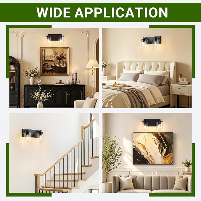 2-Light Black Bathroom Vanity Light, Modern Bathroom Lighting Fixtures with Clear Glass Shade, Bathroom Wall Mounted Lamps for Mirror, Living Room, Bedroom, E26 Socket
