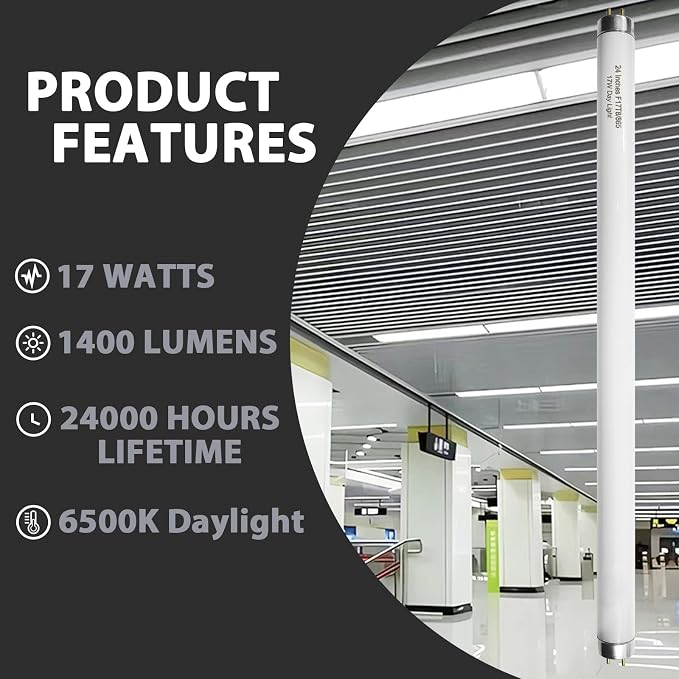Konideke 24 Inch F17T8/865 Fluorescent Bulb Daylight 6500K, 17 Watt T8 Light Bulb, 2 Foot Fluorescent Light Bulb, 1460 lumens, G13 Medium Bi-Pin Cap 8 Pack