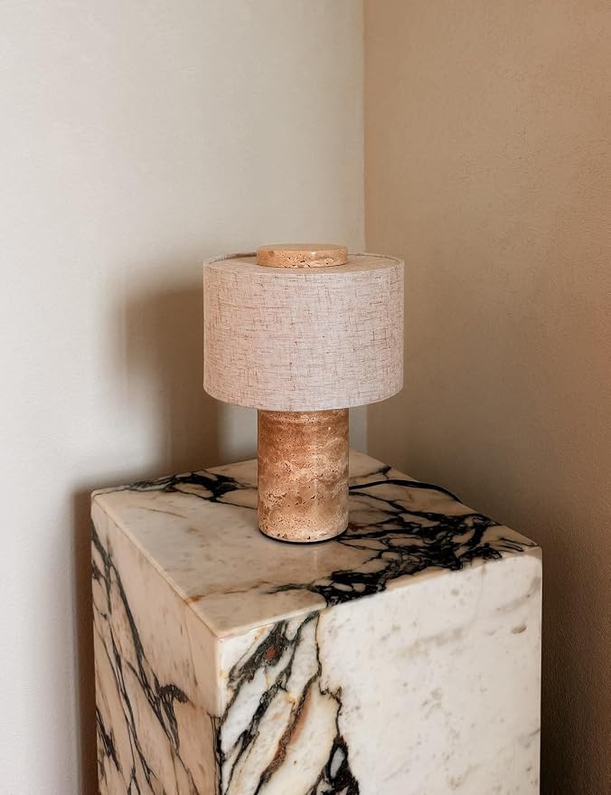 BSOD Marble Lamp, Stone Table Lamps Collection - Modern Cylindrical Lampshade Cordless Luxury Design Bedside Lamp for Home Decor, Bedroom, Living Room & Office (Plug-in Pink Lumachella Lamp)