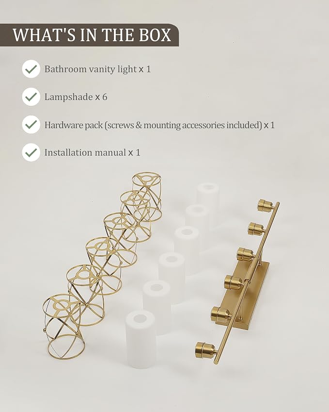 6-Light Brushed Gold Bathroom Light Fixtures Over Mirror, 42" UL-Listed Modern Wall Sconce Lights with Milk White Frosted Glass and Metal Cage for Bath, Hardwire E26, CH9176BGW-6W