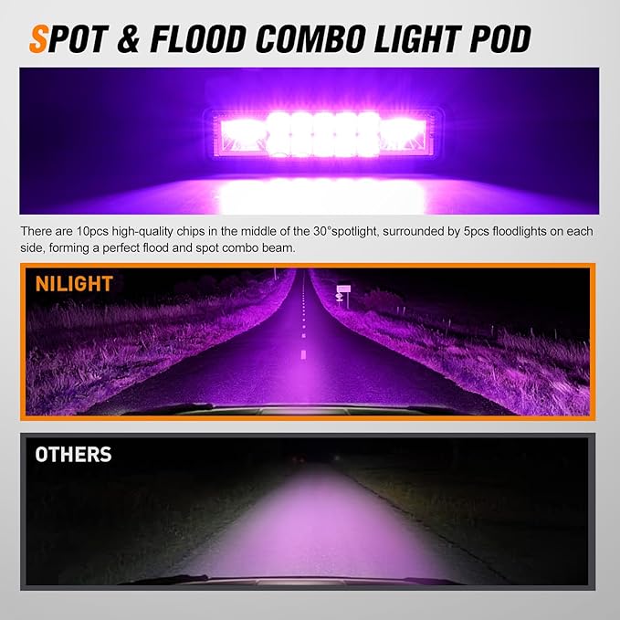 Nilight 6 Inch Purple LED Light Pods 2 PCS 60W Flood Spot Combo Beam Off Road Driving Decoration Neon Hunting Lighting for 12V 24V ATV UTV Pickup Truck Tractor