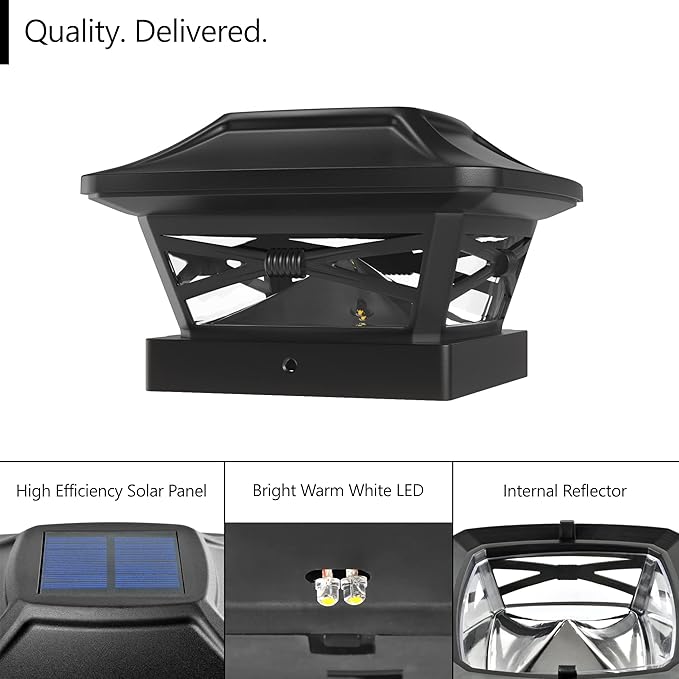 Renaissance Solar Outdoor Post Cap Lights - Includes Bases for 4x4 5x5 6x6 Posts - Bright LED Light - Slate Black (8 Pack) | Slate Black, fence/deck/garden/patio posts, UV fade-protected plastic, auto-on, 7-8h runtime, cordless, IP44, 25lm warm white