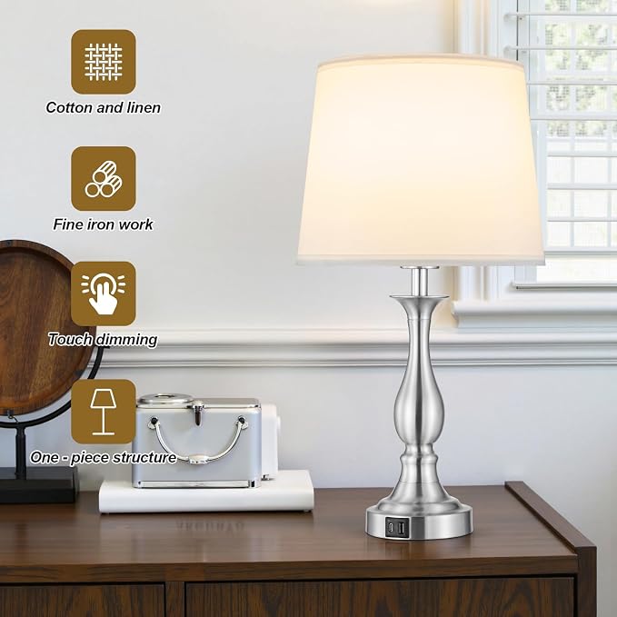 Bedside Table Lamp Touch Control Bedroom Lamps with USB A + C Charging Port 3 Way Dimmable Touch Lamps for Nightstand Living Room Bedroom Dorm Home Office Reading, Set of 2 (White Shade & Nickel Base)
