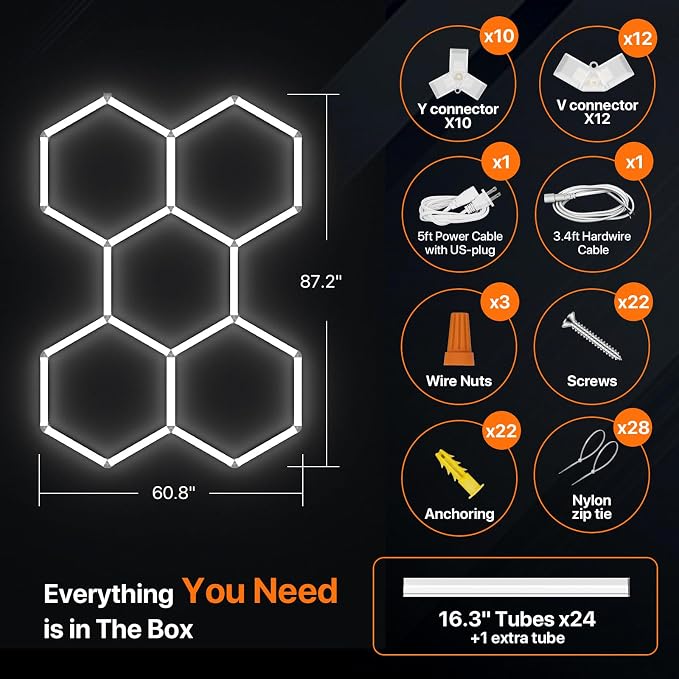 Hexagon Garage Lights: 168W 5 Grids Hexagon Led Lights 18480LM | 6500K Ultra Bright Hex Light, DIY Honeycomb Light for Garage, Shop, Basement, Barber, Homegym, Car Detailing, Studio