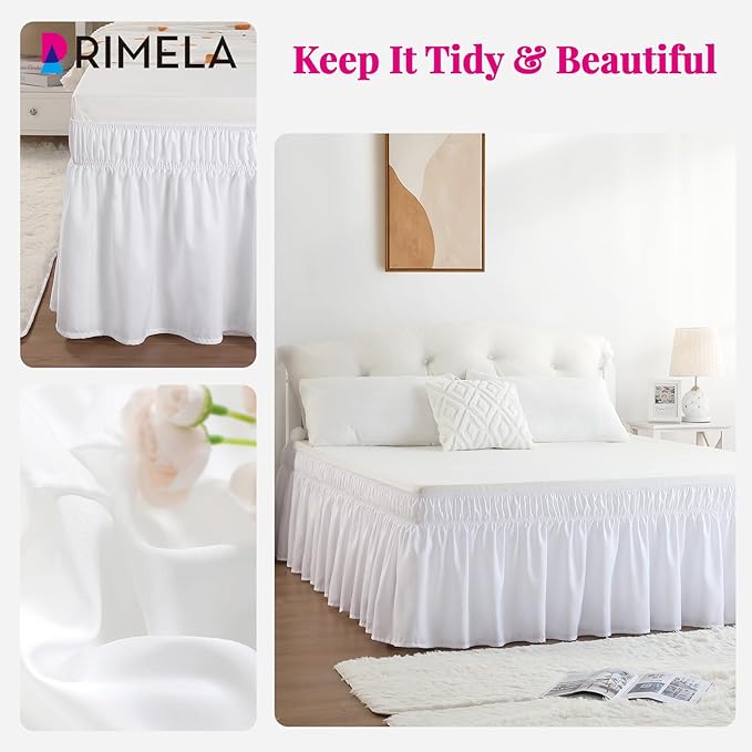 RIMELA White Bed Skirt Queen Size 18 Inch Drop, Elastic Bed Skirting for Bed Base and Frame, Bedding Dust Ruffle Easy to Install, Lightweight Wrap Around Adjustable Bedskirt