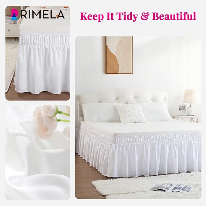 RIMELA White Bed Skirt King Size 16 Inch Drop, Elastic Bed Skirting for Bed Base and Frame, Bedding Dust Ruffle Easy to Install, Lightweight Wrap Around Adjustable Bedskirt