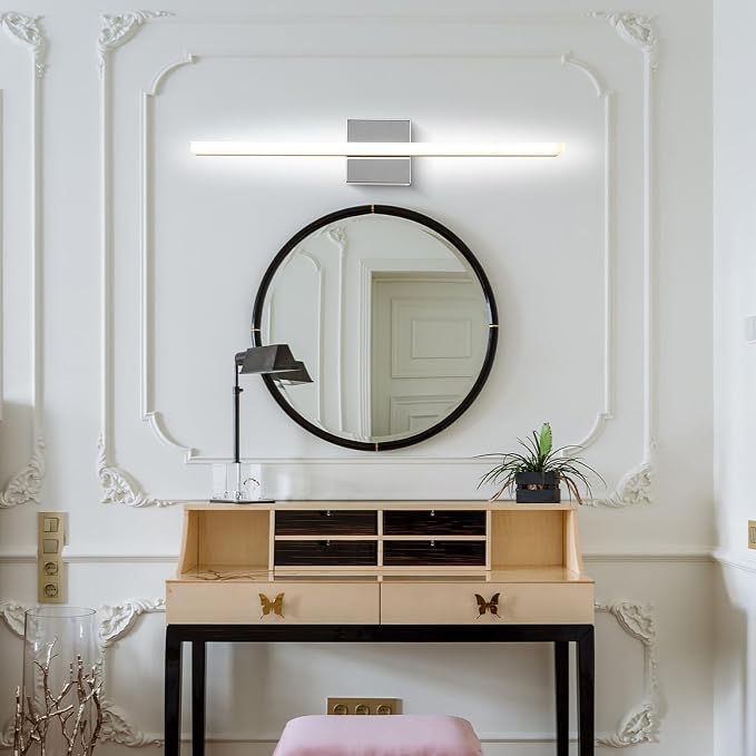 24 Inch Chrome LED Bathroom Vanity Light, 14W 6000K Cool White Over Mirror Lighting Fixture, Modern Hardwired Linear Wall Sconce for Bathroom Bedroom