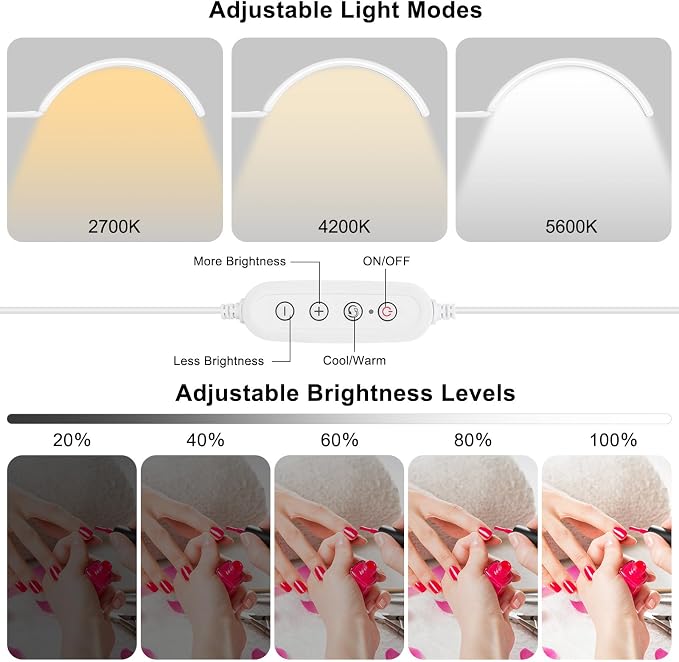 Professional Half Moon LED Desk Light for Nail Techs & Artists – Flexible Gooseneck Lamp with Clamp, 5 Color Modes & 5 Brightness Levels for Manicure, Tattoo, Beauty Work