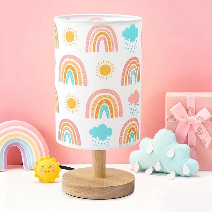 Rainbow Table Lamp for Kids Bedroom - Boho Rainbow Kids Bedside Lamp with Linen Wooden Nightstand Cartoon Nursery Lampshade for Girls Room Decor