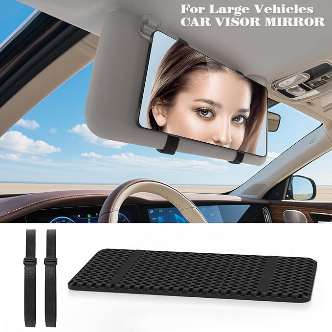 Large Car Visor Mirror,10" Vanity Makeup Mirror Wide View, Lightweight Car Makeup Mirrors for Large Sun Visor, Vehicle Accessories with Secure Reinforced Flexible Mount