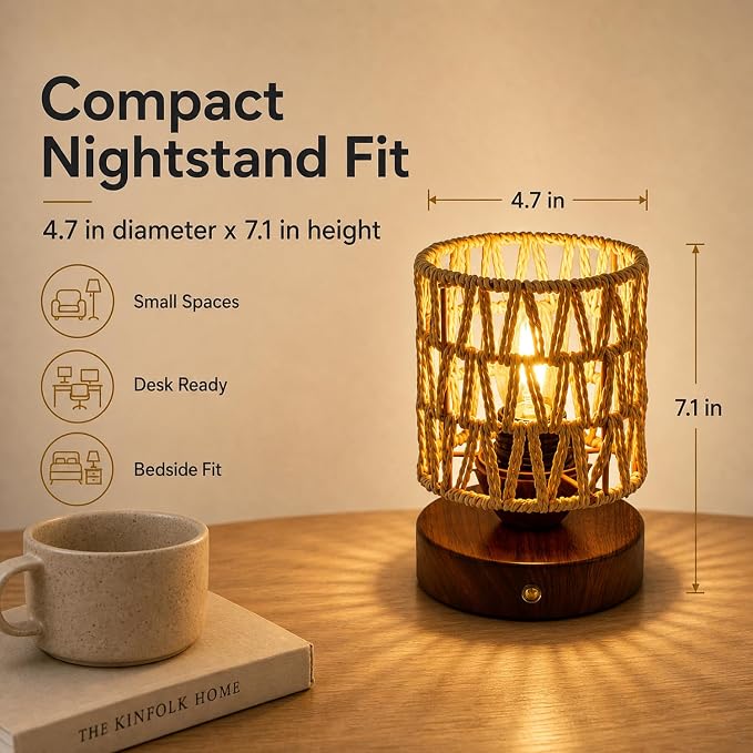 Cordless Operated Rattan Lamp, 5000mAh Rechargeable Dimmable Handwoven Open Weave Drum Table Lamp with Edison Bulb, Boho Nightstand Light for Bedroom Home Decor