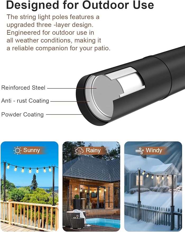4 Pack String Light Poles for Deck, 5Ft Upgraded Heavy-Duty Metal Deck Light Poles for Outside with Fixing Clips, Lighting Hanging Post Accessories for Patio Decor Garden Backyard Yard Fence Porch