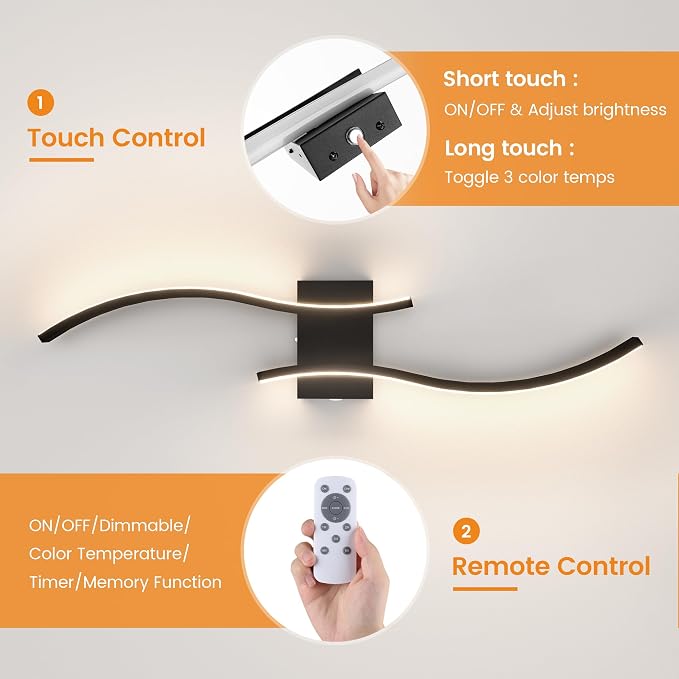 VOLISUN Battery Operated Wall Sconces Set of Two, 27.6 inch Wireless Wall Sconces, 3000K-6500K Dimmable Wall Lamps with Remote, Rechargeable Black Wall Lights for Living Room, Hallway, Bedroom