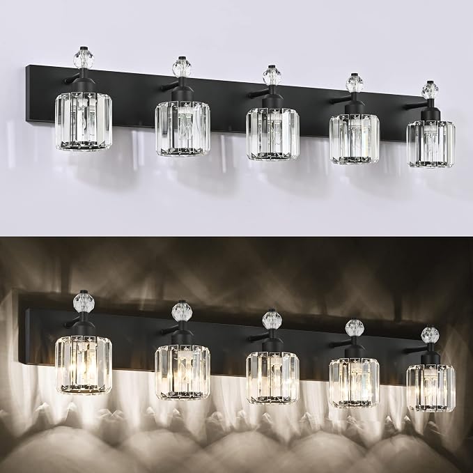 PRESDE 5-Light Crystal Bathroom Vanity Light Modern Matte Black Bathroom Lights Fixtures Over Mirror Wall Lamp for Over Mirror Bedroom Hallway