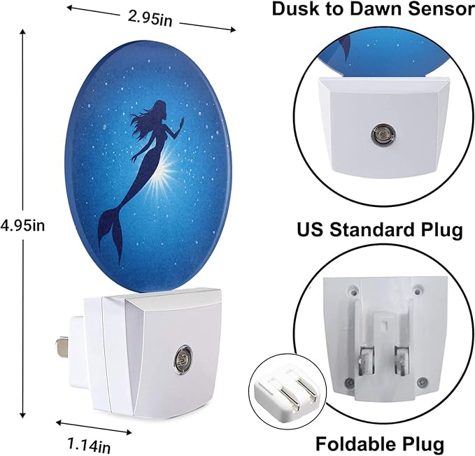 Mermaid Plug-in Nightlight for Women Girls Gifts Blue Ocean Undersea Mermaid Night Lights Plug into Wall Dusk to Dawn Sensor LED 0.5W Energy Efficient