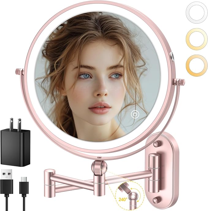 9" Wall Mounted Lighted Makeup Mirror,4000mAh Rechargeable Double Sided 1X/20X Magnifying Mirror with Light,Touch Dimmable,Extended Arm 360 Rotation Wall Mounted Makeup Mirror 3 Color Lights-Gold
