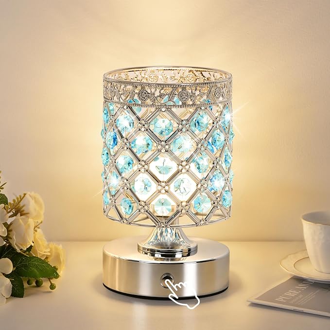 Blue Crystal Rechargeable Cordless Table Lamp, Touch Small Desk Lamp | 6000mAh Battery, 3 Color Temps, Stepless Dimming, USB Charging, Portable Wireless Night Light for Bar Bedroom Living Room