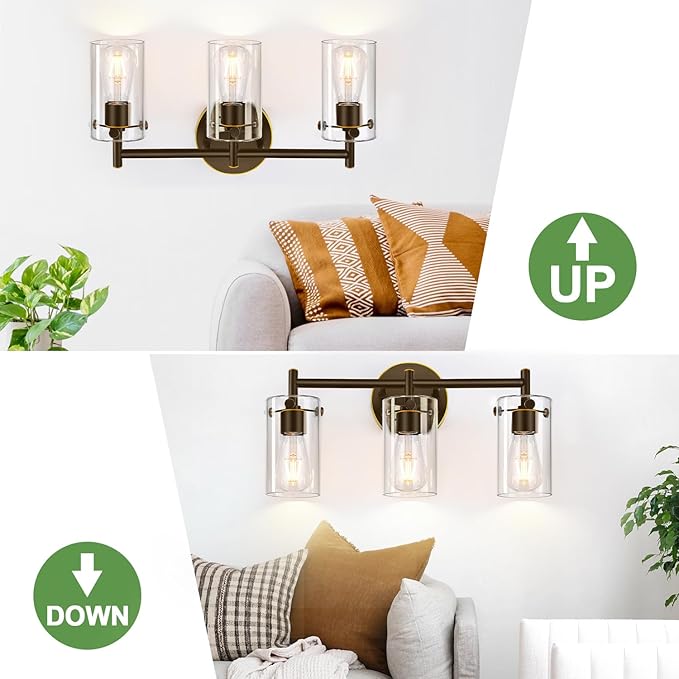 3-Light Bathroom Light Fixtures 2023 Upgrade, Oil-Rubbed Bronze Modern Vanity Lights with Clear Glass Shade, Bathroom Wall Sconces for Mirror Bedroom Living Room Cabinet