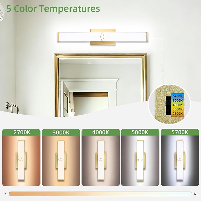 24 Inch Bathroom Vanity Light 2500LM, AC 120V 5CCT Modern Bathroom Lighting Fixtures Over Mirror Dimmable, 25W Gold LED Vanity Lighting Fixtures Wall Sconce ETL Certified, 1Pack