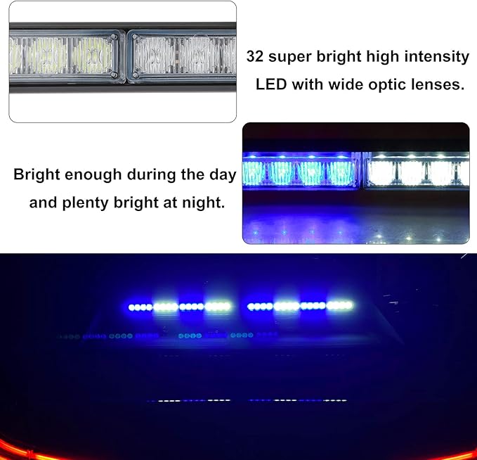 ASPL 2x16.8 inch Emergency Flashing LED Traffic Advisor Strobe Light Bar 32LED 26 Flash Patterns Interior Safety Warning Lights (Blue/White)