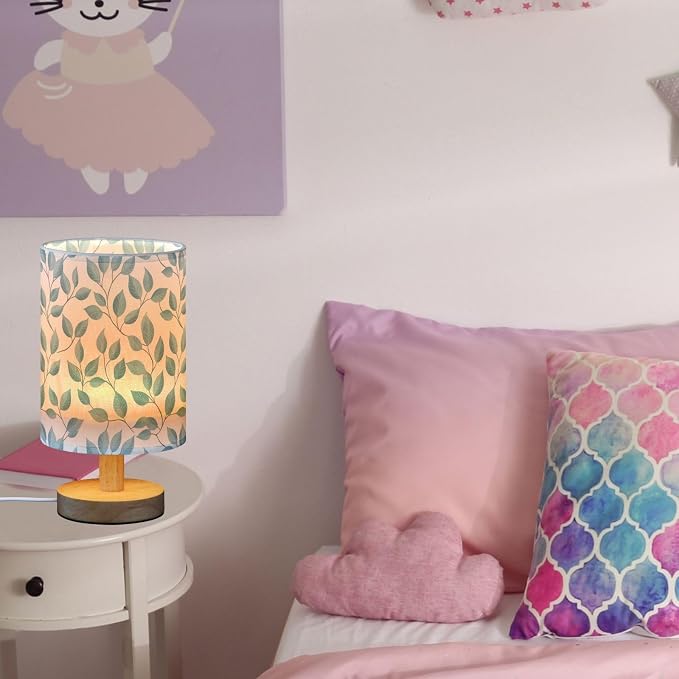 Fustylead Teal and Gray Leaves Botanical Bedside Table Lamps with USB Port for Bedroom Lamp Small Nightstand Lamp Sturdy Linen Shade Wooden Decorative Lamps for Living Room Home Dorm Kids