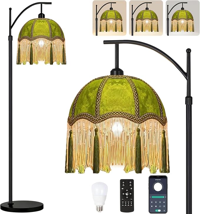QIYIZM Arc Floor Lamp for Living Room,Bedroom,Standing Lamp with Remote Dimmable,Green Mid Century Black Tall Lamp Boho Vintage Retro Fringe Tassel Flower Velvet Unique Lamp Victorian Tiffany Decor