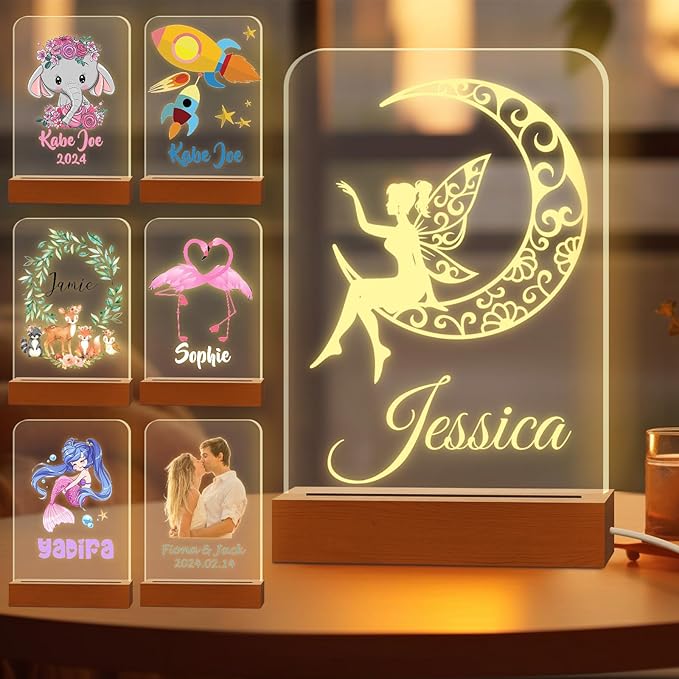 Personalized Night Light for Kids Custom Engraved Name Acrylic LED Lights with Wood Base for Nursery Bedroom Decor Night Lamp, Customized Birthday Gifts for Boy and Girl,Moon