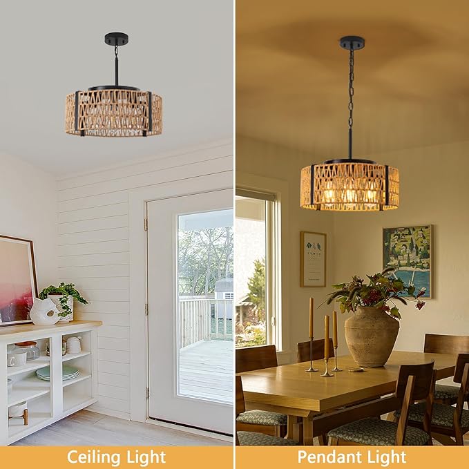Boho Rattan Chandelier,4-Light 17.7”Chandeliers for Dining Room Hand Woven Rattan Light Fixture Farmhouse Chandeliers for Kitchen Island Bedroom, Living Room, Foyer (E26 Bulbs Not Included