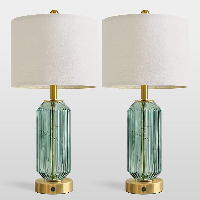 24.5" Bedside Table Lamps Set of 2, Green Glass Nightstand Lamps with USB A+C Charging Ports and Night Light, Gold Modern Lamps for Bedroom, Living Room, End Table (2 Bulbs Included)