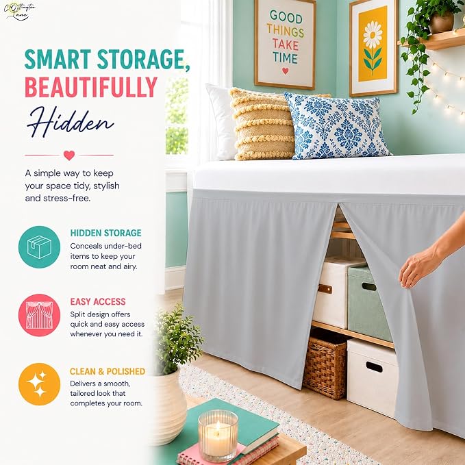 Cottington Lane Tailored Box Pleated College Dorm Bed Skirt Twin XL, Hotel Quality Premium Brushed Microfiber Extra Long Bedskirt Twin XL 36 Inch Drop, Light Grey Dorm Bedding