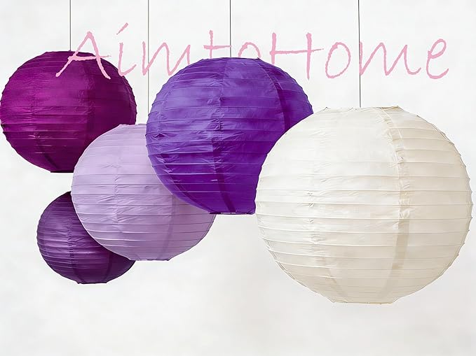 Purple & Cream White Paper Lanterns Set (12 Pcs) - 6/8/10 Inch Hanging Lanterns for Weddings, Women’s Professional Parties, Birthdays & Home Decor