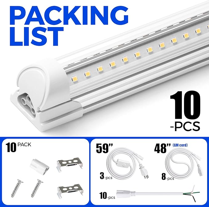 Barrina T8 LED Shop Light 5FT, 50W 6500LM 5000K, Clear Cover, Garage LED Lights Ceiling, V-Shape LED Light Fixture, Work Shop LED Lights for Garage, Warehouse, Basement, ETL Listed, 10 Packs