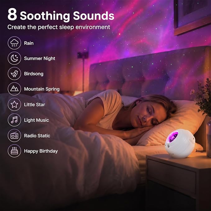 Galaxy Projector, Star Projector Bluetooth for Bedroom | White Noise Night Light Projector, Adjustable Brightness Ceiling Space Projector with Timer, Remote Control, Bedroom Deco
