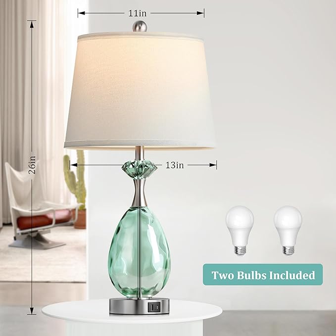 Hamucd Coastal Glass Table Lamps Set of 2, 3-Way Dimmable Touch Control Nautical Lamp with USB A+C Ports,Bedside Lamps Beach Decor, Modern Nightstand Lamps with 2 LED Bulbs for Bedroom Living Room