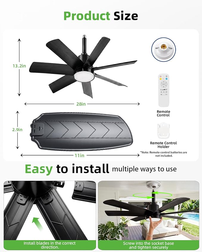 28 Inch Socket Fan Light with Remote Control, Screw in E26/E27 Ceiling Fan with LED Light, 3000-6000K Dimmable Color Temp, 6 Speeds, Timer, for Bedroom Kitchen Living Room Garage, 2-Black