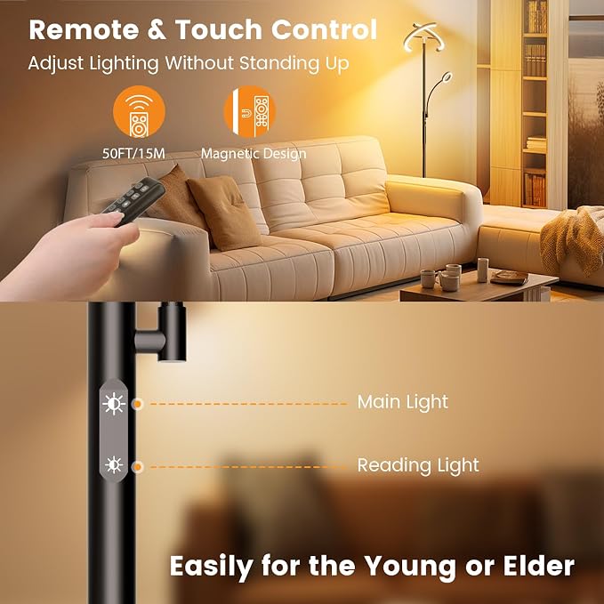 LED Floor Lamp for Living Room - Modern Standing Lamp with Reading Light, Remote Touch Control Floor Light Dimmable Mother-Daughter Tall Bedroom Lamp for Couch Office, 29W, Black
